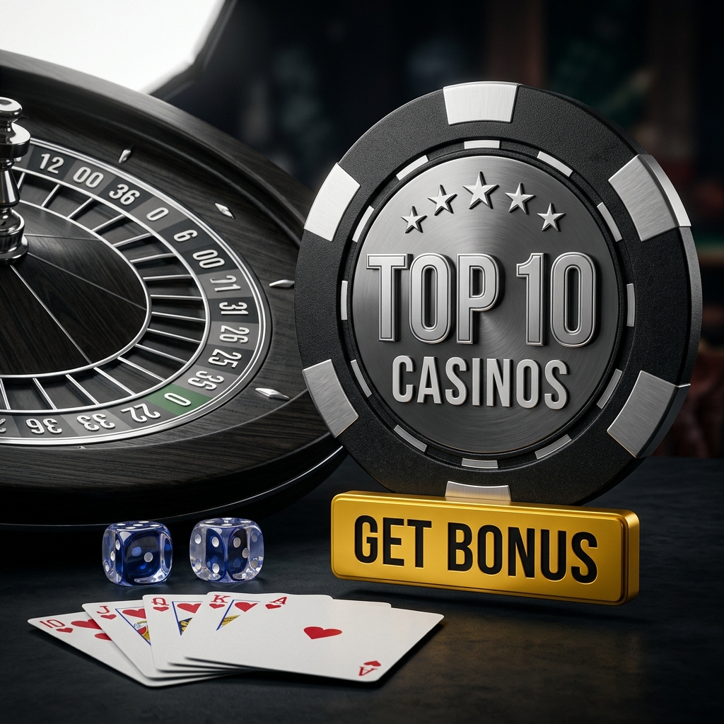 Casino chip, roulette wheel, playing cards and dice on a dark table.
